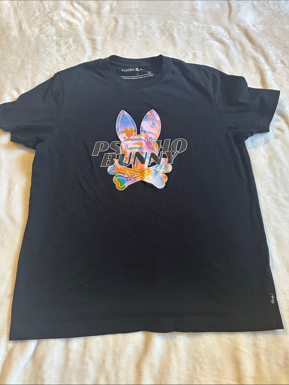Psycho Bunny Black T‑Shirt with Multicolor Bunny Logo